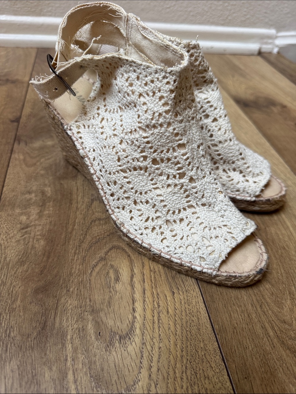 Women's Crochet Peep-Toe Wedge Sandals in Cream